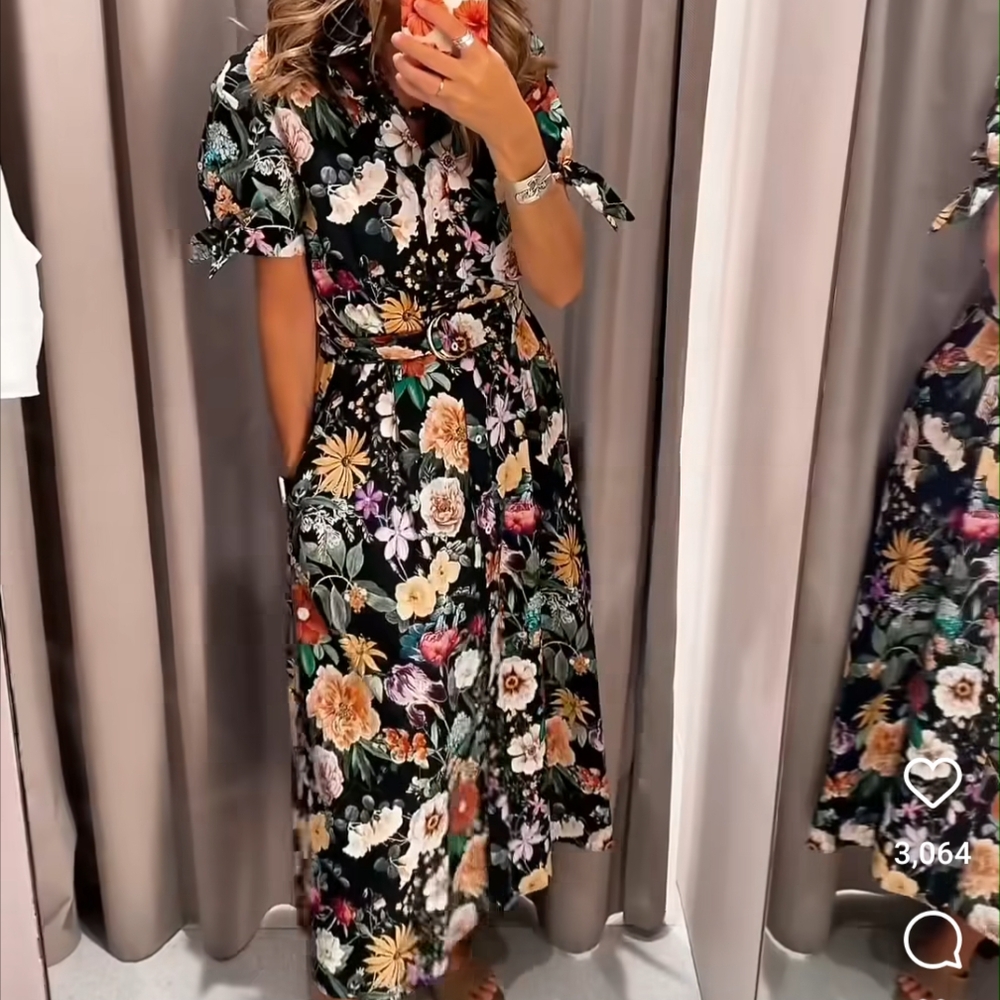 ZARA WOMAN Black multicolor FLORAL PRINT POPLIN MIDI DRESS BOW XS M L 2944/216